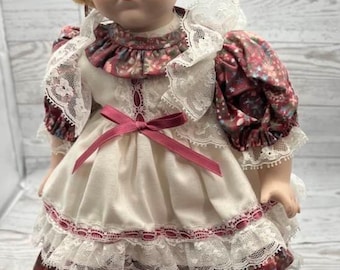 Vintage 1992 Porcelain Doll Blonde Girl Lace Floral Dress Standing Display Doll Collectible