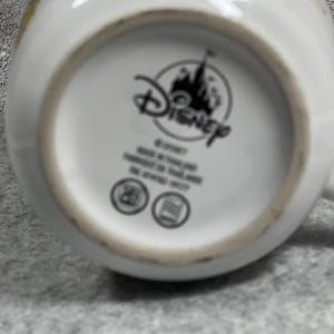 Pu&ograve; includere: Il fondo di una tazza in ceramica bianca con un logo Disney nero e la sagoma di un castello. Il testo include Disney, Made in Thailand e Fabriqu&eacute; en Tha&iuml;lande. Sono presenti due icone circolari che raffigurano un microonde e una lavastoviglie.