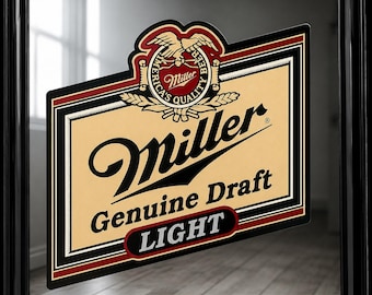 Vintage Miller Genuine Draft Light Framed Bar Mirror Glass Graphics Beer Sign Man Cave Wall Decor 1980s