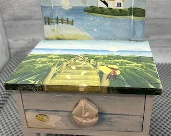 Boîte à bijoux phare peinte à la main : boîte à bijoux pour banc de plage côtière