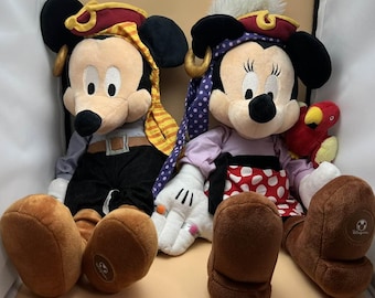 Disney Store Mickey And  Minnie Mouse Pirate Plush Set 18 Tall with Parrot & Sword