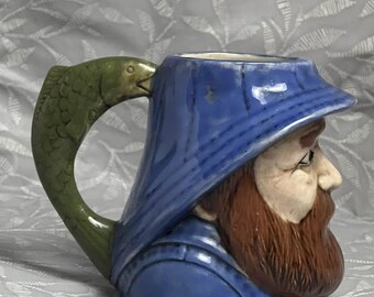 Vintage Fisherman Tony Mug Fish Handle Character Mug Handcrafted Pottery Stein Cup Folk Art