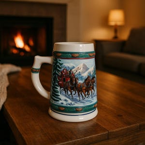 Vintage 1993 Budweiser Holiday Stein – Clydesdale Horses Collectible Beer Mug