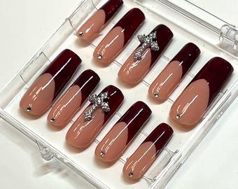 Salon Quality Gloss Burgundy Nails|Minimalist Trendy Press On Nails|Square French tip Reusable Nails|  Solid Color Custom Press On| Deep Red