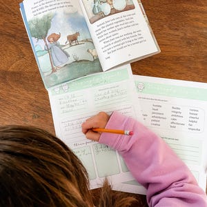 Może przedstawiać: Otwarta książka z ilustracjami i tekstem, a obok arkusz roboczy raportu biograficznego. Ręka dziecka, w różowym rękawie, pisze ołówkiem na arkuszu. Strony książki pokazują rysunki ludzi i zwierząt.