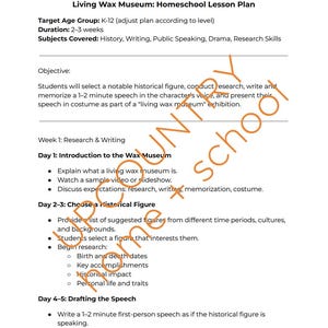 Peut inclure: Plan de leçon pour l'école à la maison intitulé "Living Wax Museum". Il est destiné aux élèves de la 6e à la terminale et couvre l'histoire, l'écriture et l'art oratoire. Les élèves recherchent une figure historique, écrivent un discours et le présentent en costume.