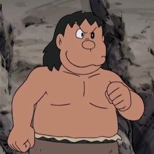 May include: A cartoon illustration of a large, muscular, brown-skinned man with black hair. He is wearing a brown loincloth and has one eye closed. He is looking to the right.