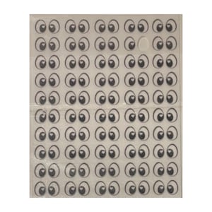 May include: A sheet of black googly eyes with white pupils. There are 6 rows of 8 eyes each, for a total of 48 eyes.