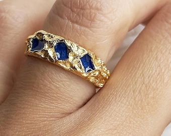 Gold Foil Band with Blue Enamel - Adjustable Molten Gold Ring: Organic Statement Jewelry