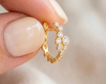 Bezel Cluster Hoop Earrings | Gold Plated Sterling Silver | Constellation Huggies | Pebble Hoop Earrings