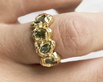 Green Crystal Gold Foil Cocktail Ring - Adjustable Molten Gold Ring: Organic Statement Jewelry
