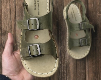 Men's Handmade Leather Grounding Sandals | Copper Rivet, Barefoot Loafer, Leather Sole, Millitary Green