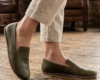 Handmade Men's Barefoot Loafers, Wide Toe Box, Military Green Leather, Grounding Shoes