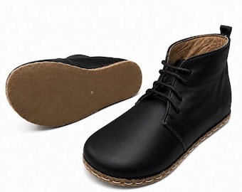 Womens Handmade Grounding Leather Boots with Copper Rivets, Barefoot Shoes,  Minimalist Ankle Boots, Black
