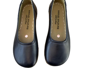 Black Leather Barefoot Ballerinas, Flat Ballet Shoes, Handmade Zero Drop Slip-On Shoes