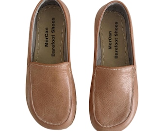 Barefoot-schoenen heren, aardingsloafers met koperen klinknagels, leren zool, lichtbruin