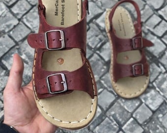 Women's Handmade Leather Grounding Sandals, Barefoot Shoes, Copper Rivet, Burgundy