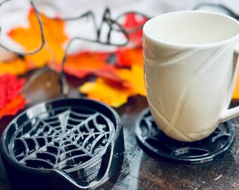 Spider Web Coasters with Holder | Set of 4 | Gothic Decor | Black or Red-Black Gloss Finish