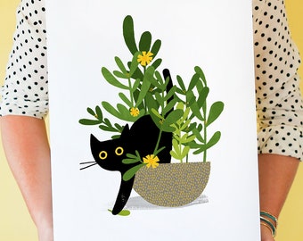 Cat Climber! Art print featuring black cat emerging from her fave house plant; wall art, home decor, cat lover print