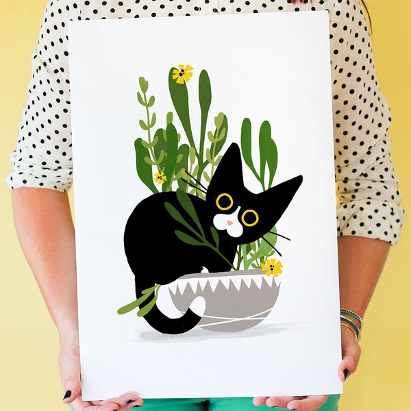 Tuxedo cat art print, cat-themed home wall decor, cat lover gift, house plant cat art, tuxedo cat in plant artwork, black and white cat art