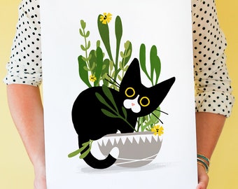 Tuxedo cat art print, cat-themed home wall decor, cat lover gift, house plant cat art, tuxedo cat in plant artwork, black and white cat art