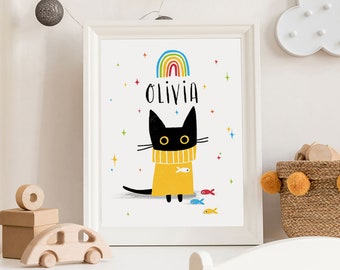 Impresión artística personalizada de gato negro, jersey negro en un jersey, impresión artística amante de los gatos, arte mural, gato en un suéter