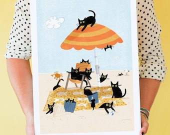 Cats On The Beach Art Print, Seaside Art, Wall Art, Summer home decor, Cat lover art print, Cat-themed gift ideas, Father's Day Gift
