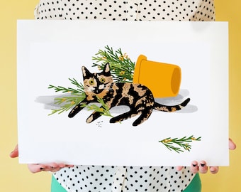 Shrubbsup, Tortie Cat! Art print featuring tortoiseshell feline relaxing beside her fave house plant; wall art, home decor, cat lover print