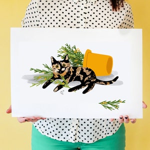 Shrubbsup, Tortie Cat! Art print featuring tortoiseshell feline relaxing beside her fave house plant; wall art, home decor, cat lover print