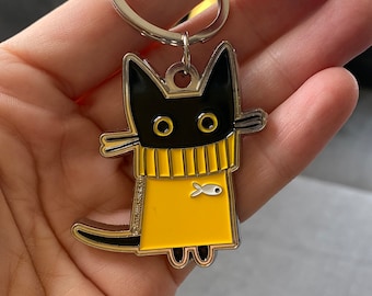 Nigel Keychain, Cat Keyring, Black Cat, Keyfob, Yellow Jumper, Cat In A Sweater