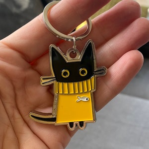 Nigel Keychain, Cat Keyring, Black Cat, Keyfob, Yellow Jumper, Cat In A Sweater
