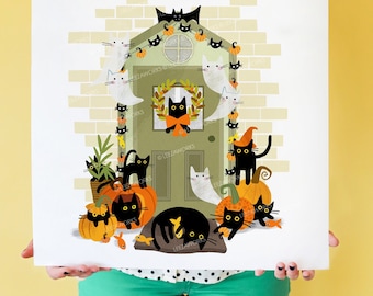 Gatos negros en el porche de Halloween Impresión de arte, Regalo de amante de los gatos, Fantasmas y calabazas de gatos, Arte de gatos negros, Puerta principal, Murciélagos, Arañas, Alfombra de bienvenida