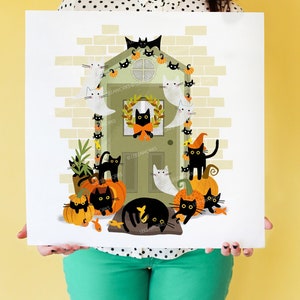 Black Cats On The Halloween Porch Art Print, Cat Lover Gift, Cat Ghosts and Pumpkins, Black Cats Art, Front Door, Bats, Spiders, Welcome Mat image 1