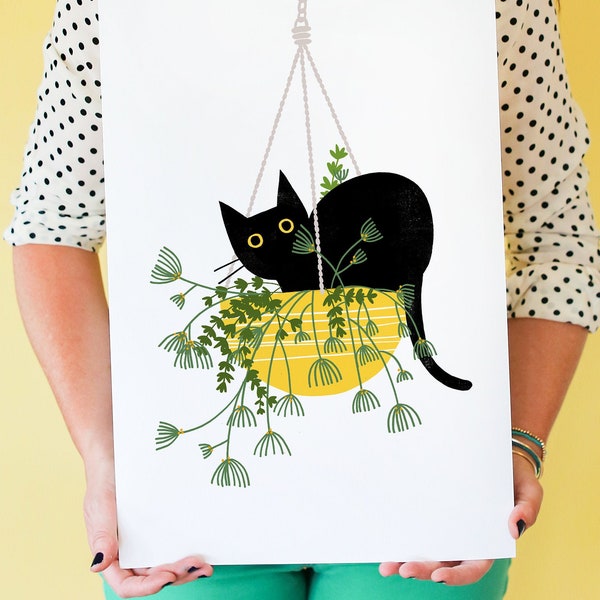 Hanging Out! Cat art print, Black cat in a hanging basket plant; Feline wall art, Cat home decor, Cat lover print, Mother's Day Gift