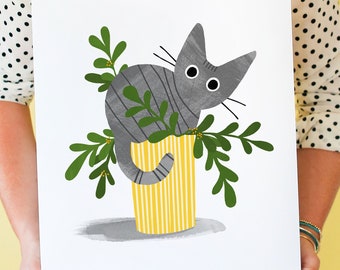Grey / Gray Tabby Cat In A Plant Pot, cat art print featuring tabby cat in a plant pot; wall art, home decor, cat lover print