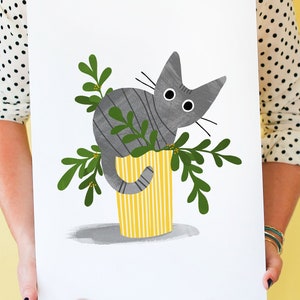 Grey / Gray Tabby Cat In A Plant Pot, cat art print featuring tabby cat in a plant pot; wall art, home decor, cat lover print