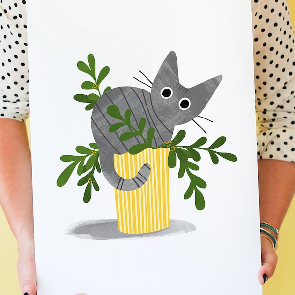 Grey / Gray Tabby Cat In A Plant Pot, cat art print featuring tabby cat in a plant pot; wall art, home decor, cat lover print