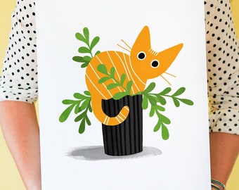 Orange Cat In A Plant Pot cat art print featuring ginger tabby cat in a plant pot; wall art, home decor, cat lover print