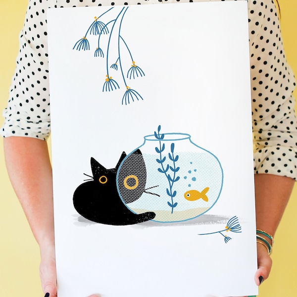 Cat Fish! Cat art print featuring black cat eye-balling the fish; wall art, home decor, cat lover print, goldfish bowl