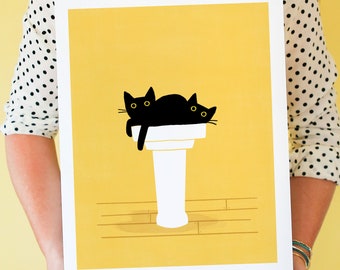Cats in The Sink, Black Cats, Wall Art, Home Decor, Graphic, Modern Black Cat Art Print, Cat Bathroom Art