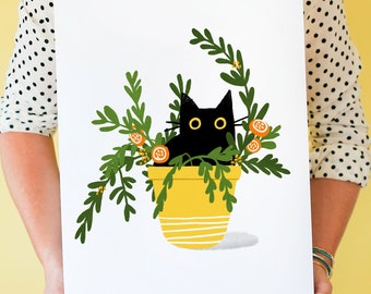 Hidey Cat! Black Cat Art Print in a Potted Plant; Black Cat Wall Artwork, Cat-themed Home Decor, Mother's Day Gift, Cat Lover Gift
