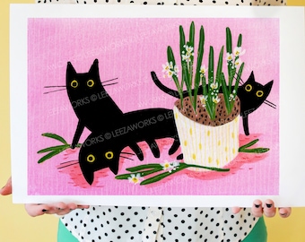 Cat Play! Black Cat Art Print, Cat Lover Gift, Cat Wall Art, Black Cat Gifts, Cat-Themed Art, Feline, Kitten Art, Plant Home Decor
