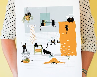 Black Cats Bathing, Cats In The Shower wall Black Cat Art Print, Cat Bathroom Art