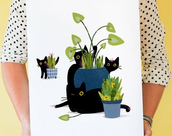 Black Cat Art Print, Cat-themed Home Decor, Valentine's Day Gift, House Plant Catcus Art, Black Cats Plants, Cactus Artwork, Cat Lover Gift