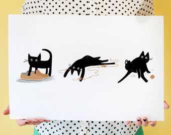 Three Kitties, Three Black Cats Together, Wall Art, Graphic Print