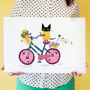 Nigel On His Bicycle, Black Cat Art print, Cat Wall Art, Home Decor for Cats