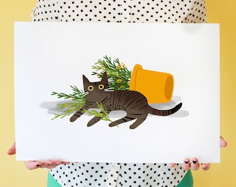 Shrubbsup, Tabby cat! Art print featuring brown / grey tabby relaxing beside her fave potted plant; wall art, home decor, cat lover print