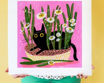 Cat Me If Mew Can, Black Cat Art Print, Cat Lover Gift, Cat Wall Art, Black Cat Gifts, Cat-Themed Art, Feline, Kitten Art, Plant Home Decor