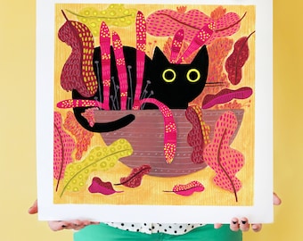 ¡Genial para los gatos! Black Cat Art Print, Gato en una maceta, Arte de otoño, Gato de otoño, Regalo para un amante del gato negro, Arte de jardinería, Apreciación del gato