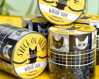 LES CHATS NOIRS: Stuck on Mew Black Cat Washi Tape, Black & White Washi Tape Set of Three, Black Cats, Scrapbooking, Decorative Masking Tape